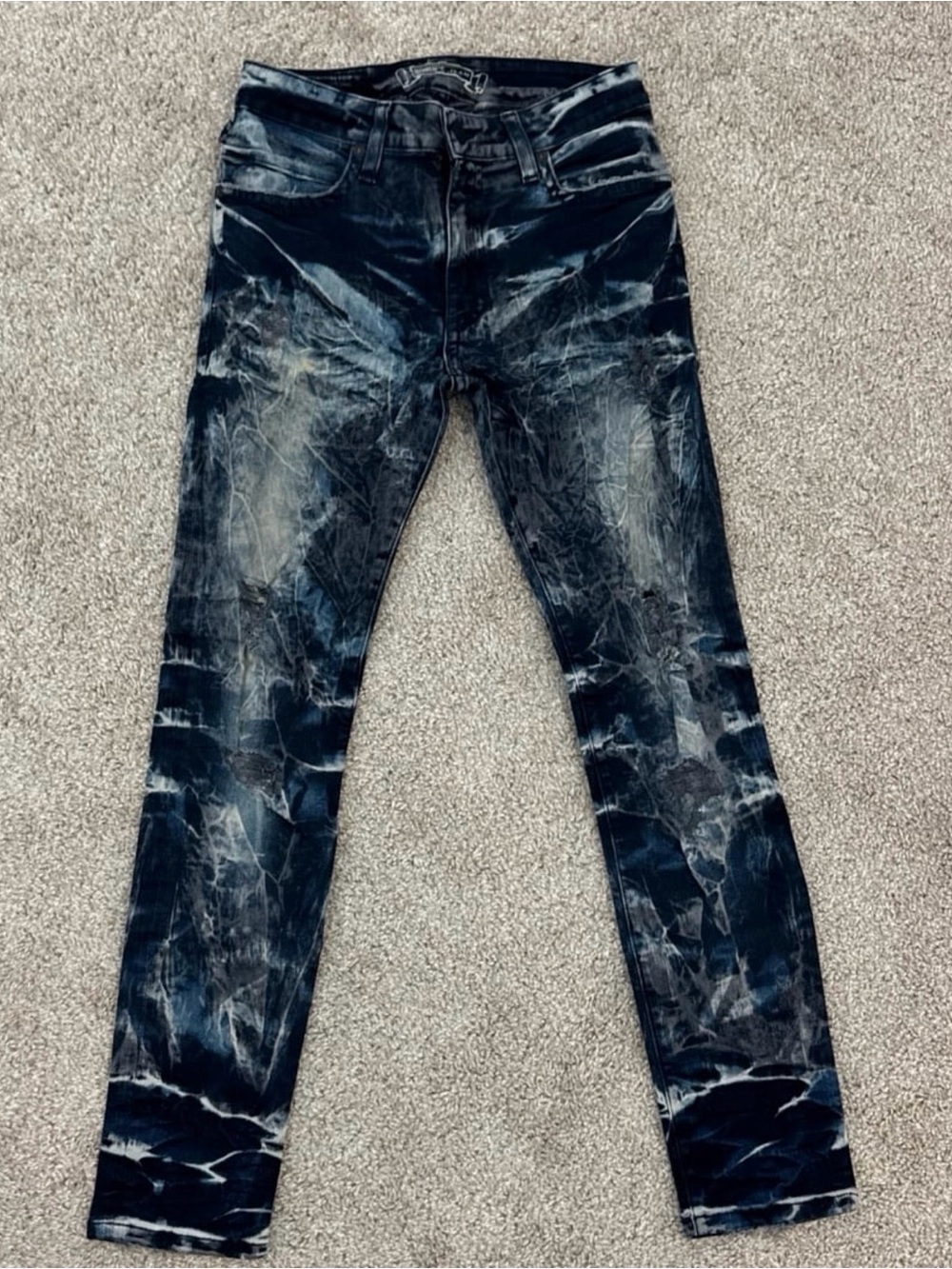 Robin's Jean Men's Distressed Dark Blue Marble-Effect Skinny Jeans